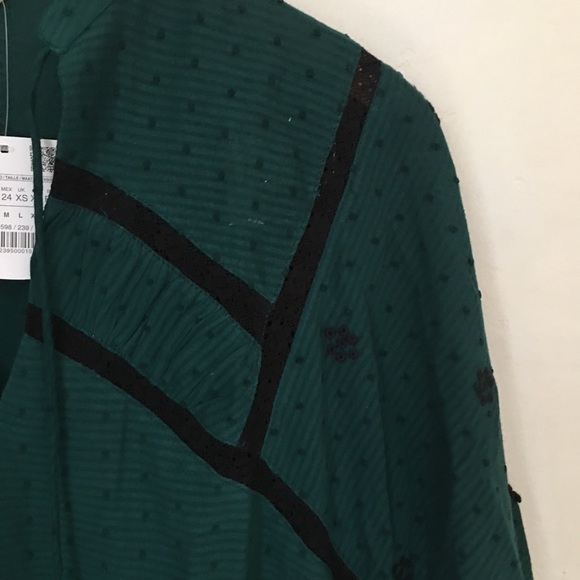 NWT Zara Green and Black Embroidered Long Sleeve Tie Neck Top - Picture 3 of 4
